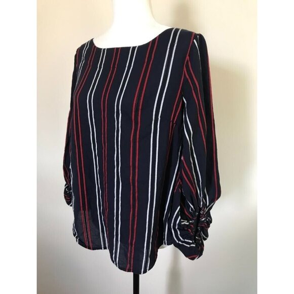 CABI Freedom Stripe Flag Blouse Size Medium Navy, Red, White Balloon Sleeves - Picture 5 of 9